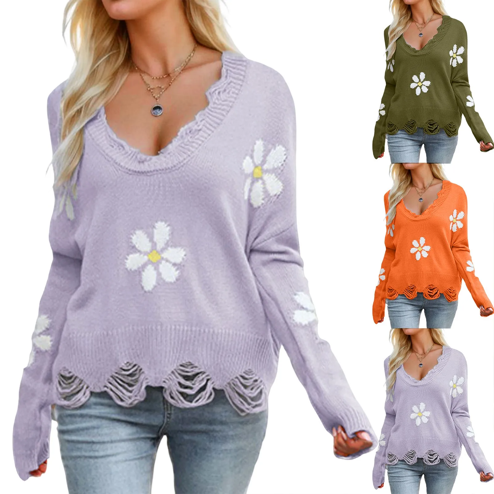 

Женский вязаный свитер с принтом маргариток, Свободный теплый пуловер в Корейском стиле с бахромой и V-образным вырезом и длинными рукавами, уличная одежда в стиле Харадзюку, зимняя верхняя одежда