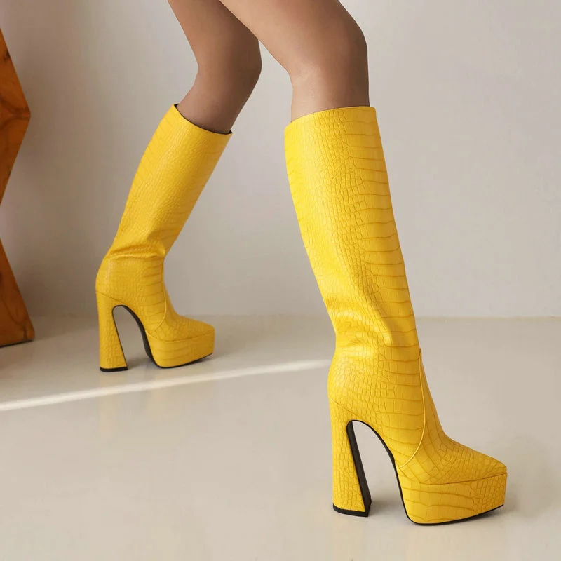 Plus Size 45 Women Knee High Boots Platform Square High Heel Ladies Calf Boots PU Leather Pointed Toe Away Dress Women's Shoes