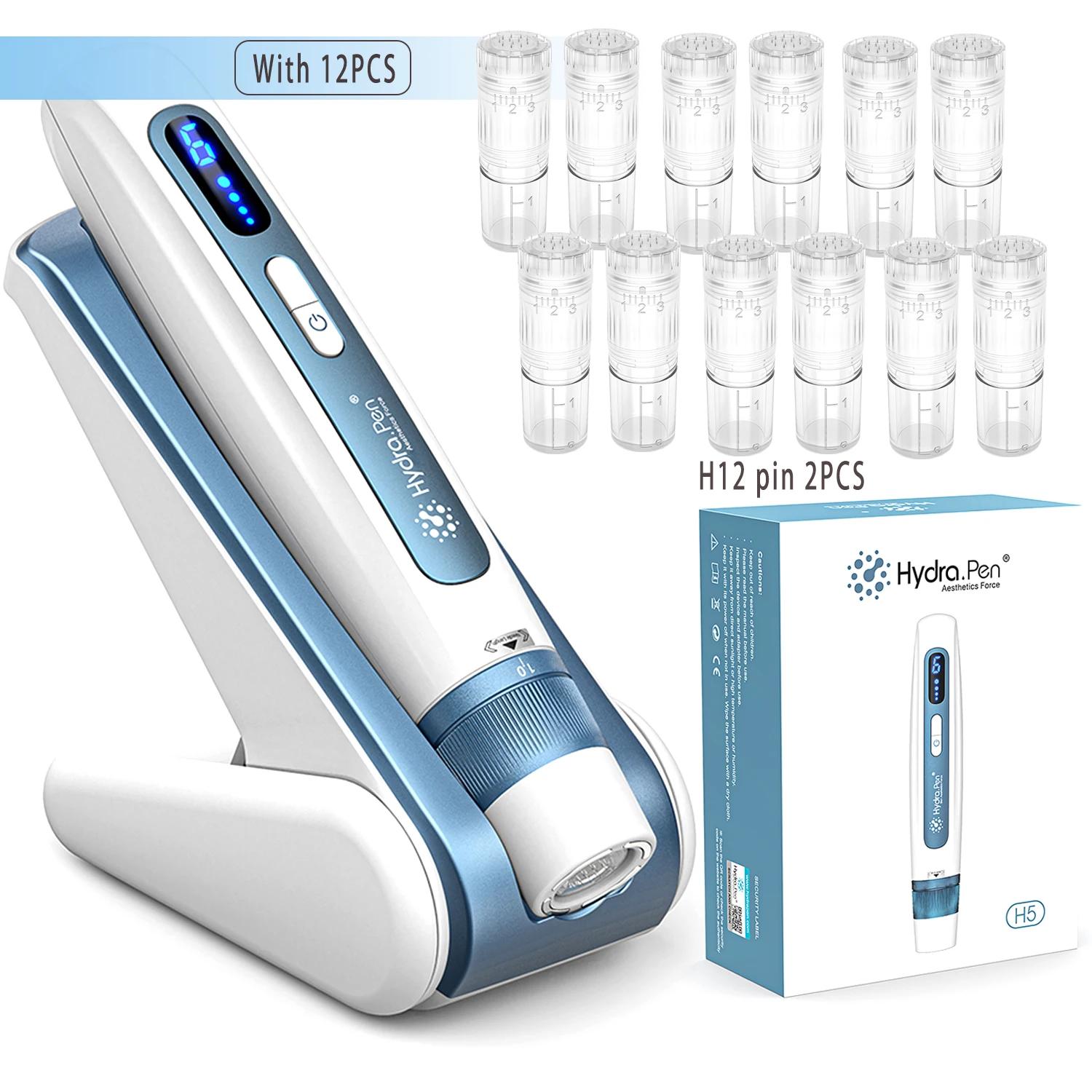 Фото Hydra Pen H5 — это устройство для микронидлинга сине-белой серии, лучший подарок для ухода за кожей, модель H5 с H12 PIN, 12 насадок, длина 0,25 мм. №2