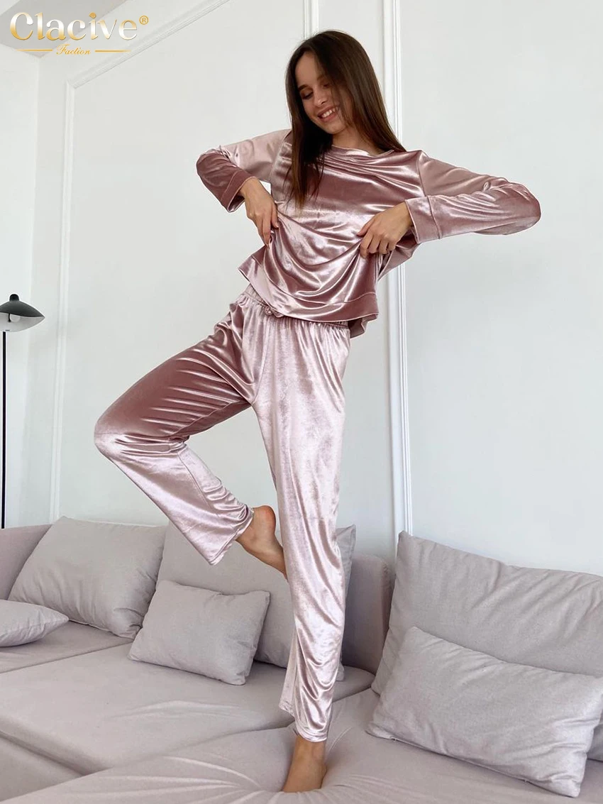 

Повседневные розовые домашние костюмы Clacive, модные бархатные комплекты с высокой талией и брюками, элегантные рубашки с круглым вырезом и д...
