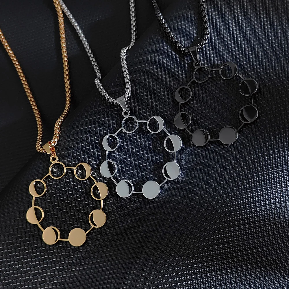 Ожерелье с подвеской в виде фазы Луны для мужчин и женщин, колье из нержавеющей стали золотого, серебряного, черного цветов, подарочное колье