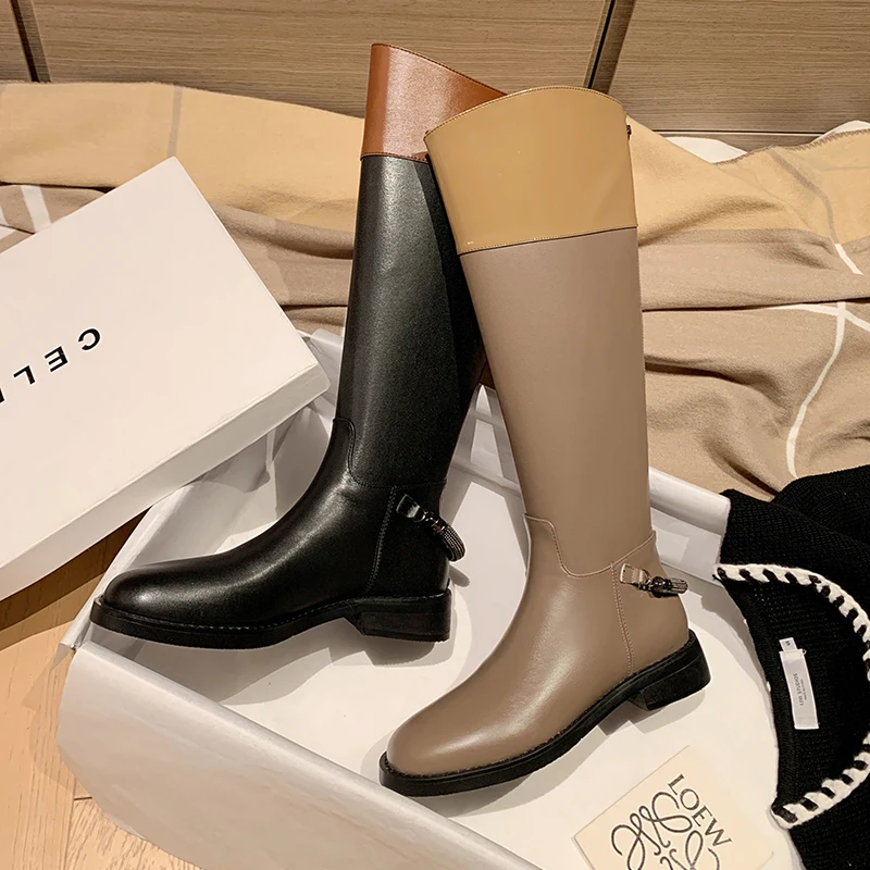 

2022 new Autumn and winter Women knee-high boots 22-25cm cowhide upper color matching Knight boots modern boots western boots