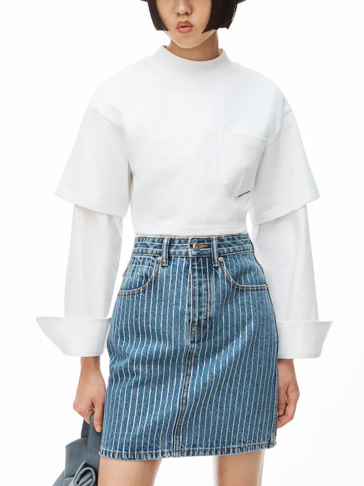 

100% Cotton Women Rhinestone Striped Denim Skirt 2022 Summer New High Waist Versatile Fashion Denim Short A-Line Jupe for Lady