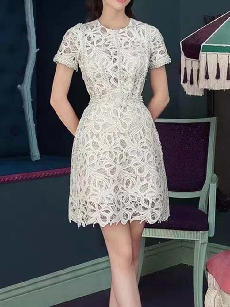 

SMTHMA Новое модное роскошное белое кружевное платье с бусинами для женщин, винтажное Элегантное летнее платье с короткими рукавами, женская одежда
