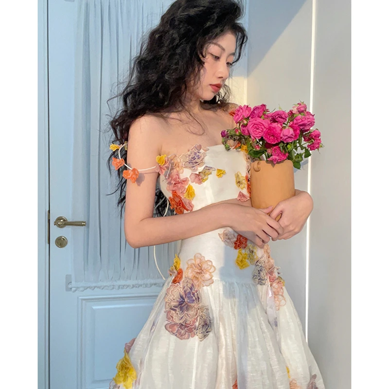 

Party Dress Flower Fluffy White Spaghetti Strap Princess Dress Women French Style Fashion Elegant Summer Two Piece Slip Dress