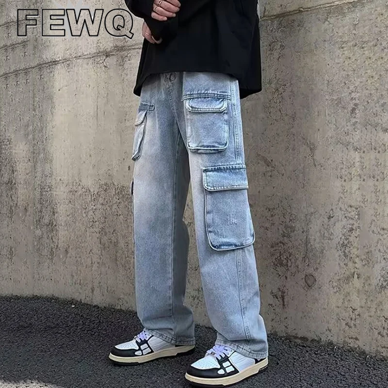 

Джинсовые брюки-карго FEWQ 24A1041 мужские, однотонные брюки из денима в стиле High Street с множеством карманов, повседневная одежда в стиле сафари, в...