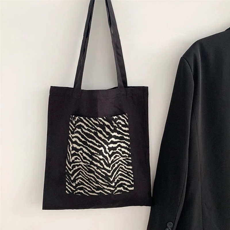 

Large Capacity Zebra Print Canvas Shoulder Bag For Women Classic Shopping Bag