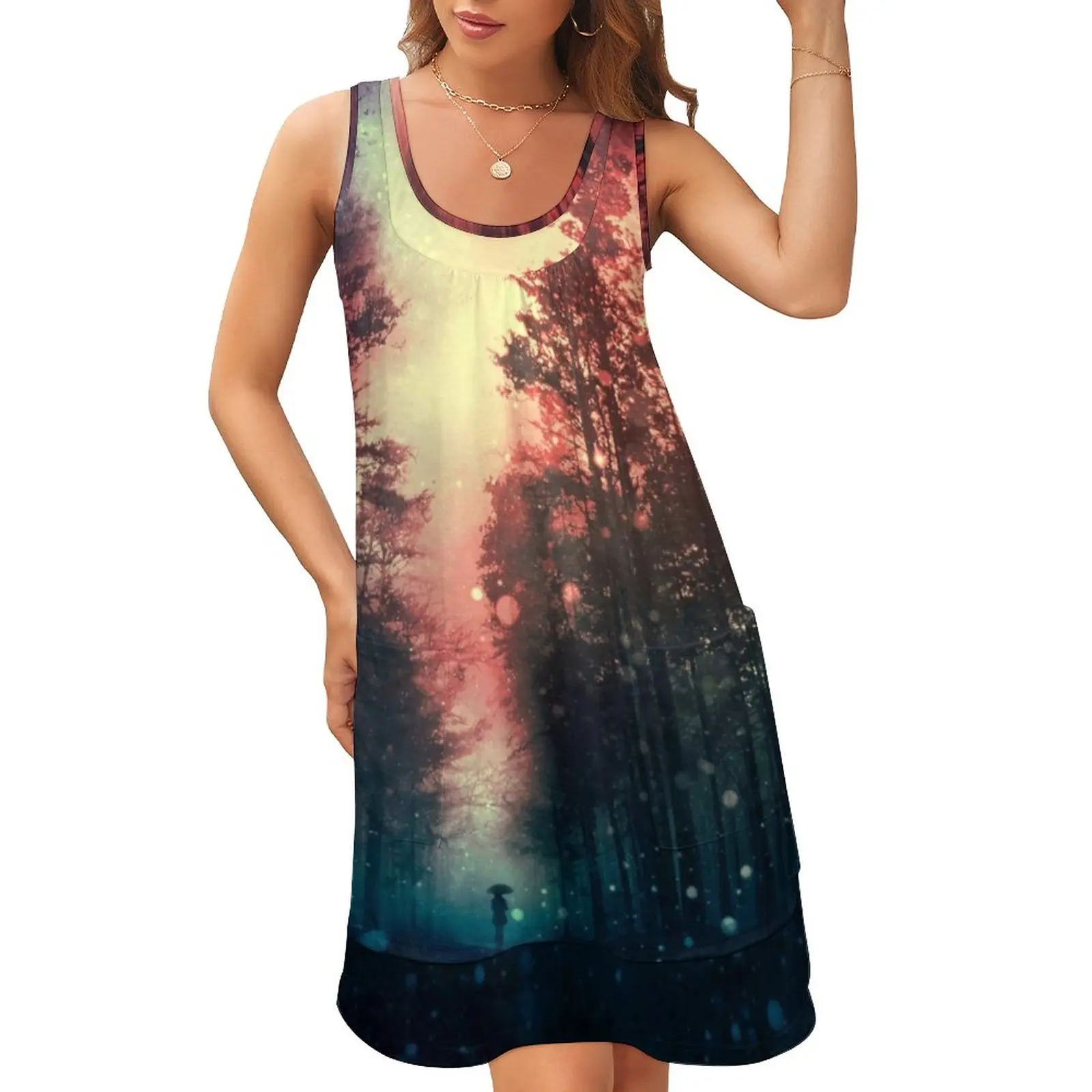 

Magical Forest Dress Sky And Stars Print Street Wear Dresses Summer Print Sexy Casual Dress Sleeveless Clothes Big Size 2XL 3XL