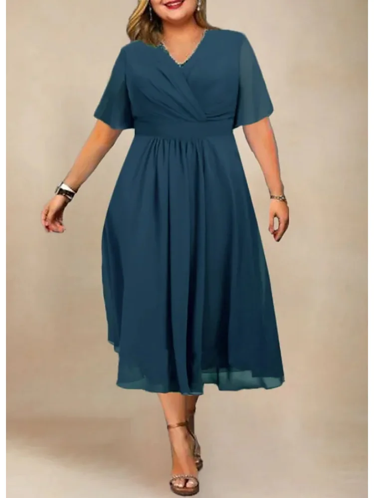 Solid V-neck ruffled short sleeves spring, summer and autumn sexy holiday casual dress plus size women clothing