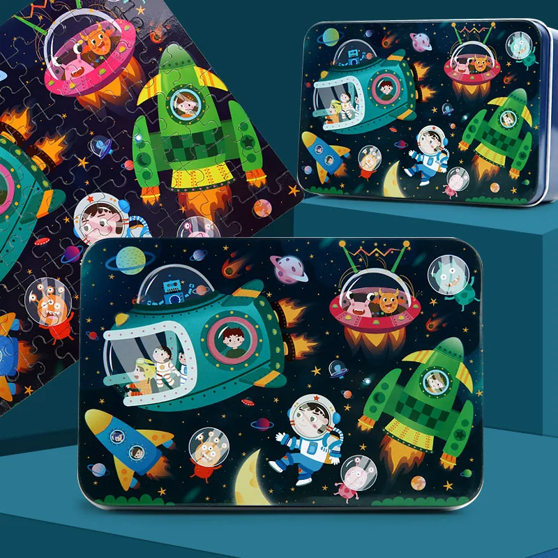 

Brand New 100 Pcs Iron Box Wooden Double Sided Jigsaw 32 Animal Cartoon Series Optional 1:1 Drawings Children's Cartoon Puzzles