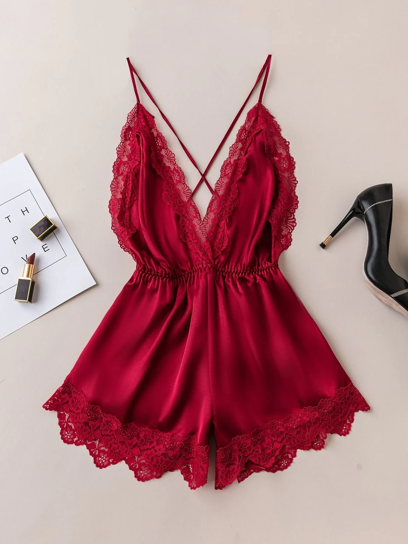 

Contrast Lace Criss Cross Backless Satin Cami Romper