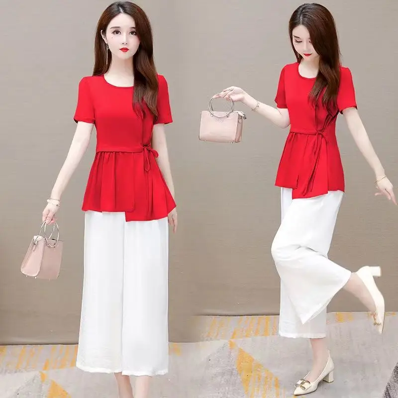 

2022 Women's Summer New Fashion Suits Female Short-sleeved Solid T-shirt + Loose Wide Leg Pants Ladies Two-piece Sets J36