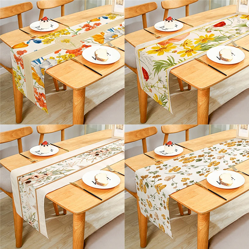 

Spring Yellow Pink Flowers Leaves Linen Rectangular Table Runner Cloth Cover Anti-Slip Stain For Dinner Celebrate Party Decor