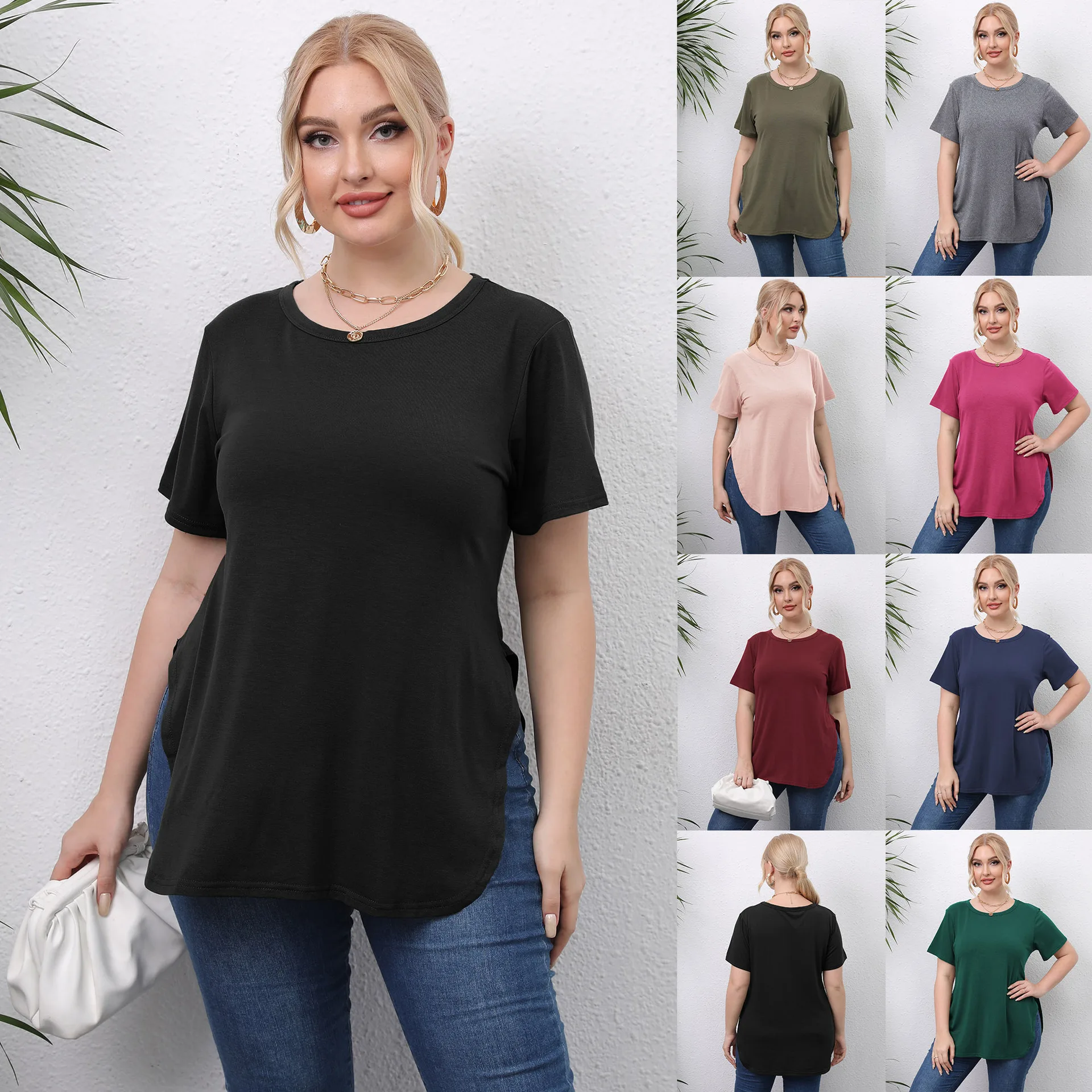 

Big Size Summer Women's Round Neck Slit T-shirt Loose Solid Simple Short-sleeved Casual TShirts Fat Female Tops Tees