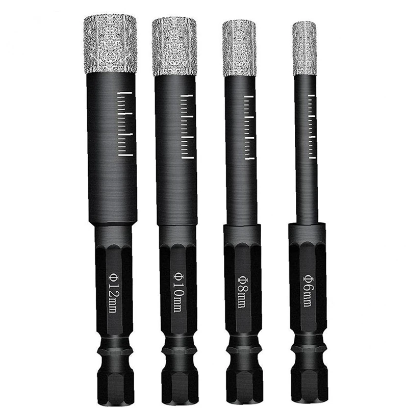 

4PCS Electrical Tools Drill Bit 6/8/10/12Mm Hexagonal Shank Vaccum Brazed Dry Drill Core Bits For Tile Glass