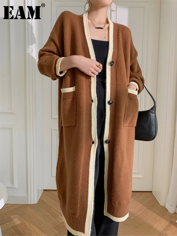 

[EAM] Wine Red Big Size Long Knitting Cardigan Sweater Loose Fit V-Neck Long Sleeve Women New Fashion Autumn Winter 2023 1DF045