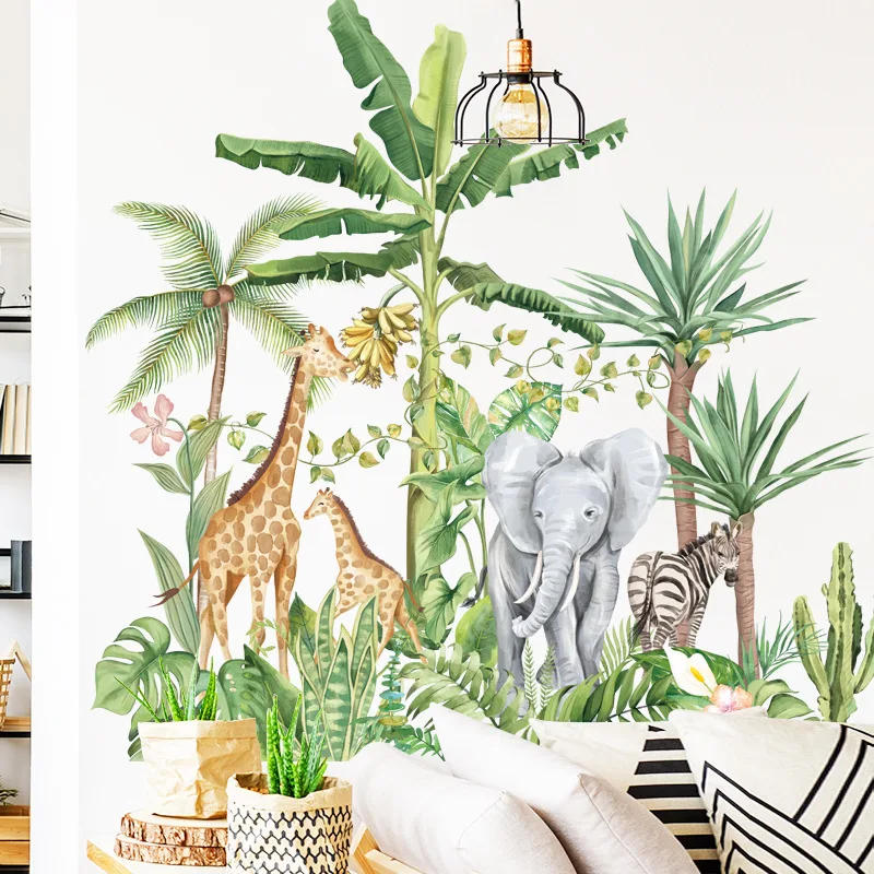 

Tropical Forest Animals Vinyl Wall Stickers for Living room Bedroom Banana Tree Zebra Giraffe Wall Decals Home Decor Wallpapers