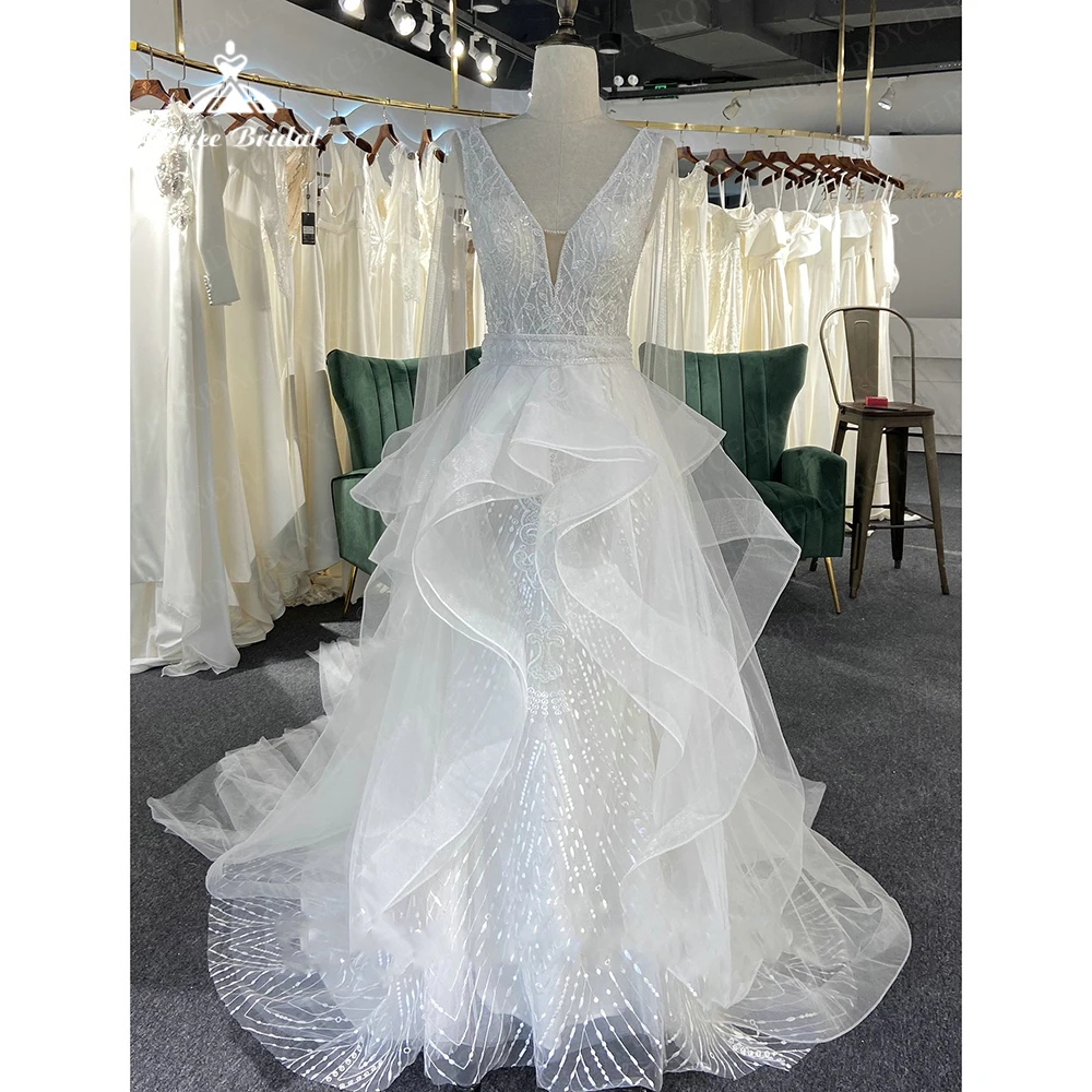 

Luxury Ruffles Tulle Wedding Dress V Neck Lace Beading Shoulder Train Mermaid Vestidos De Novia Court Train Brides Wedding Gowns
