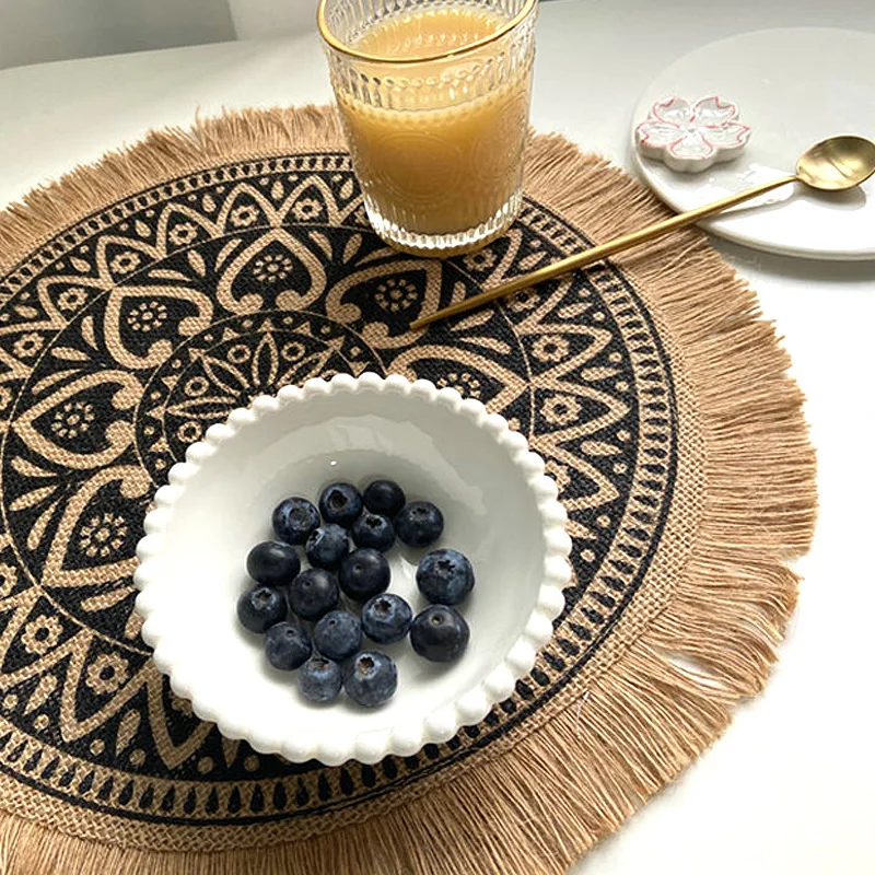 

38cm Boho Woven Cotton Linen Placemat Dining Table Coaster Moroccan Embroidery Tassels Trim Dessert Non-slip Coffee Cup Pads
