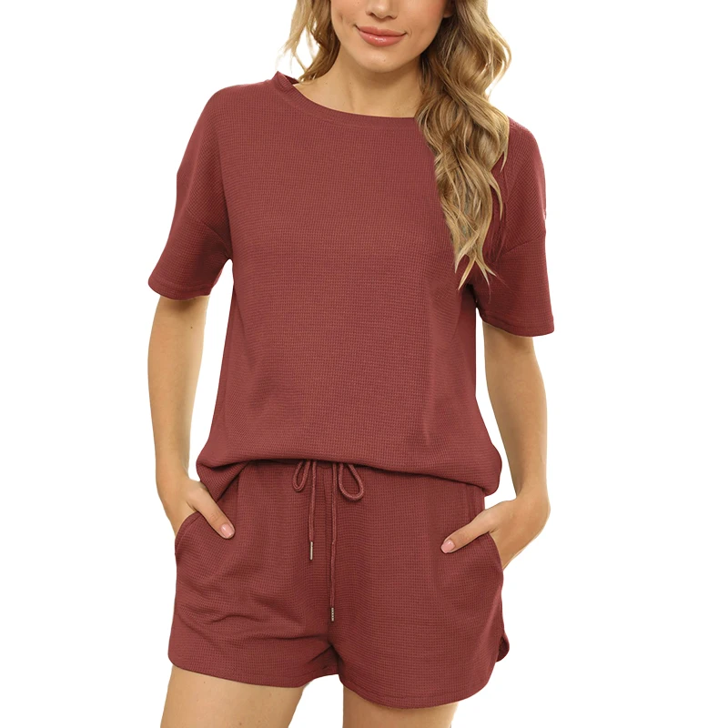 

Women Ribbed Tops And Shorts Sleepwear 2pcs Set Short Sleeve Waffle Pajama Loungewear with Pockets Casual Pjs Sets
