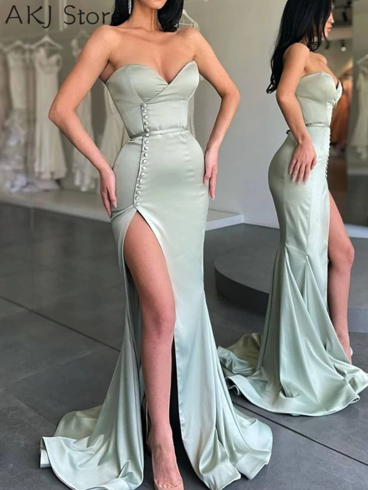 

Women Satin Strapless Split Thigh Maxi Party Dress