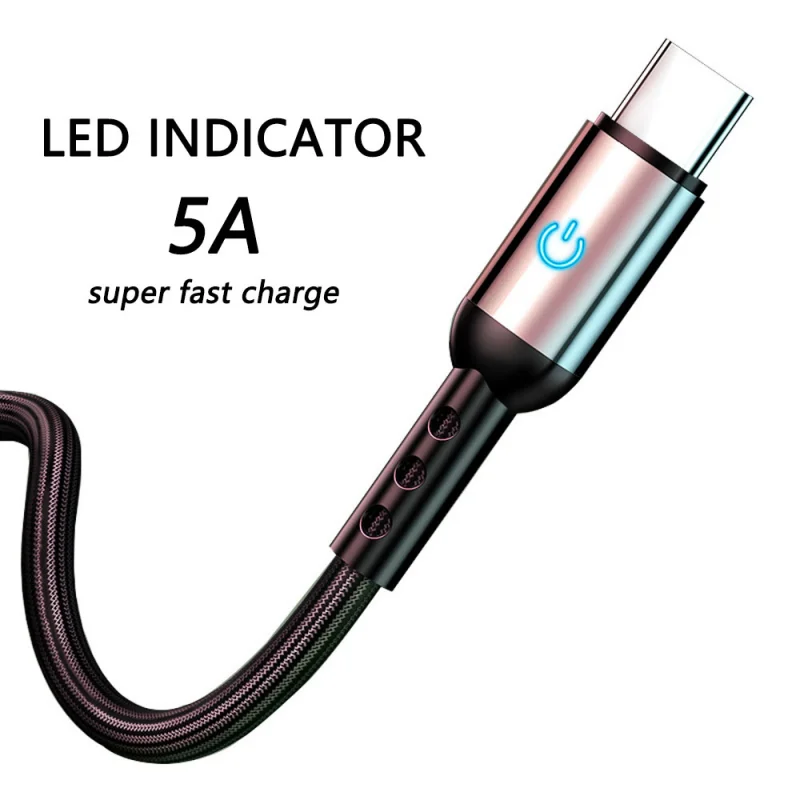 

USB TYPE C Cable 5A Fast Charging Nylon Braided for iPhone Lightning Xiaomi Micro USB Samsung Huawei with Lights Data Cable