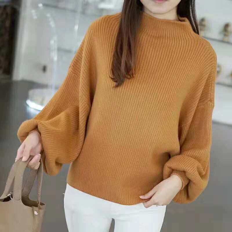 

Korean Knit Sweaters Elegant Half High Collar T-shirts Lantern Sleeve Tops Solid Color Short Casual Tees Loose Knitwear Pullover