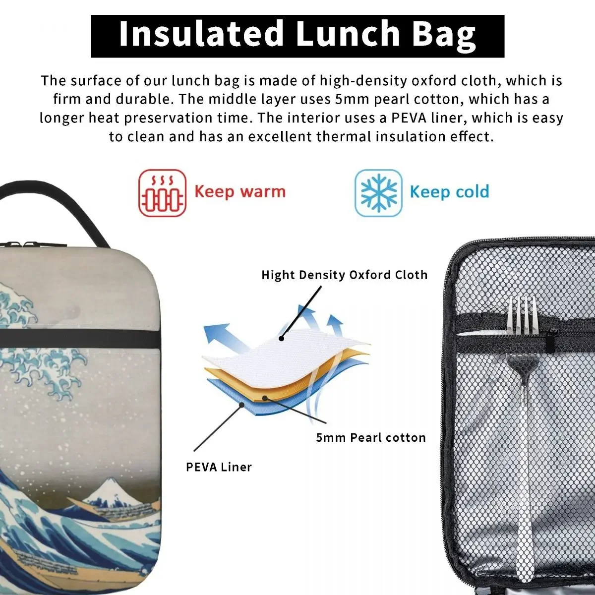 Термоизолированные сумки для ланча с рисунком под волной Kanagawa многоразовая