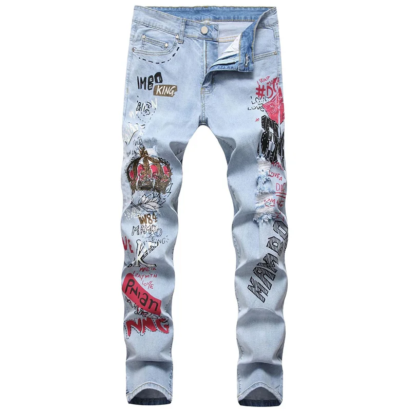 

High Street Hip Hop Fashion Light Colored Hole Jeans 3D Printed Stretch Denim Pants Men's Slim Spring Summer Trousers