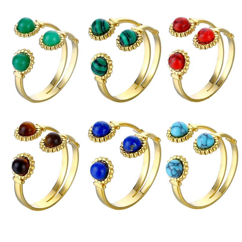 

Vintage Gold Plated Rings Turquoise Natural Stone Stainless Steel Rings for Women Open Adjustable Ring Fashion Bohemian Jewelry