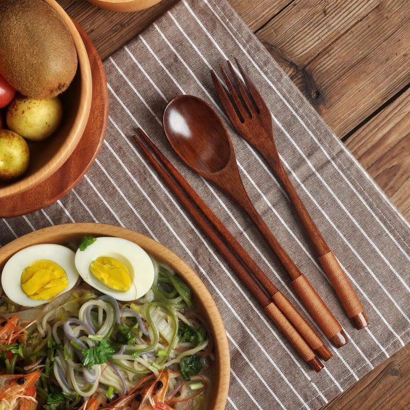 

Natural Wood Spoon Chopsticks And Fork Dinner 3pcs Set Rice Soup Tableware Grain Handmade Household Environmental Dinnerware