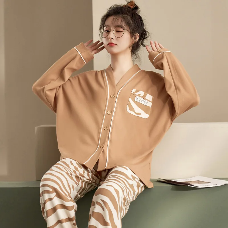 Yasuk Spring Autuum Fashion Women's Casual Print Pocket Sleepwear Homewear Lovely Pajamas Set With Pants Soft Cotton Leopard