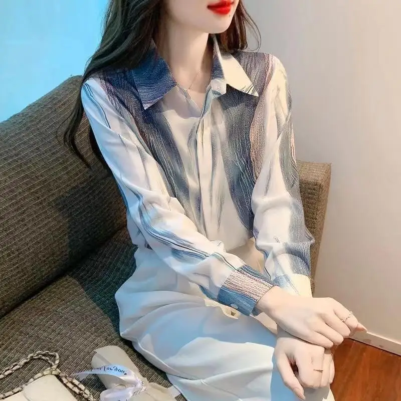 

Vintage Printed Chiffon Button Korean Shirt Autumn New Long Sleeve Commute Female Clothing Tops Loose Casual Blouses A156