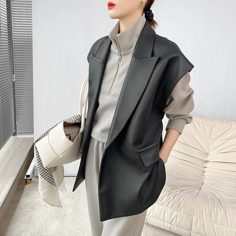 Women's Belted Genuine Leather Vest New Fashion Leather Waistcoat Lady Sheepskin Gilet Outerwear TF3940