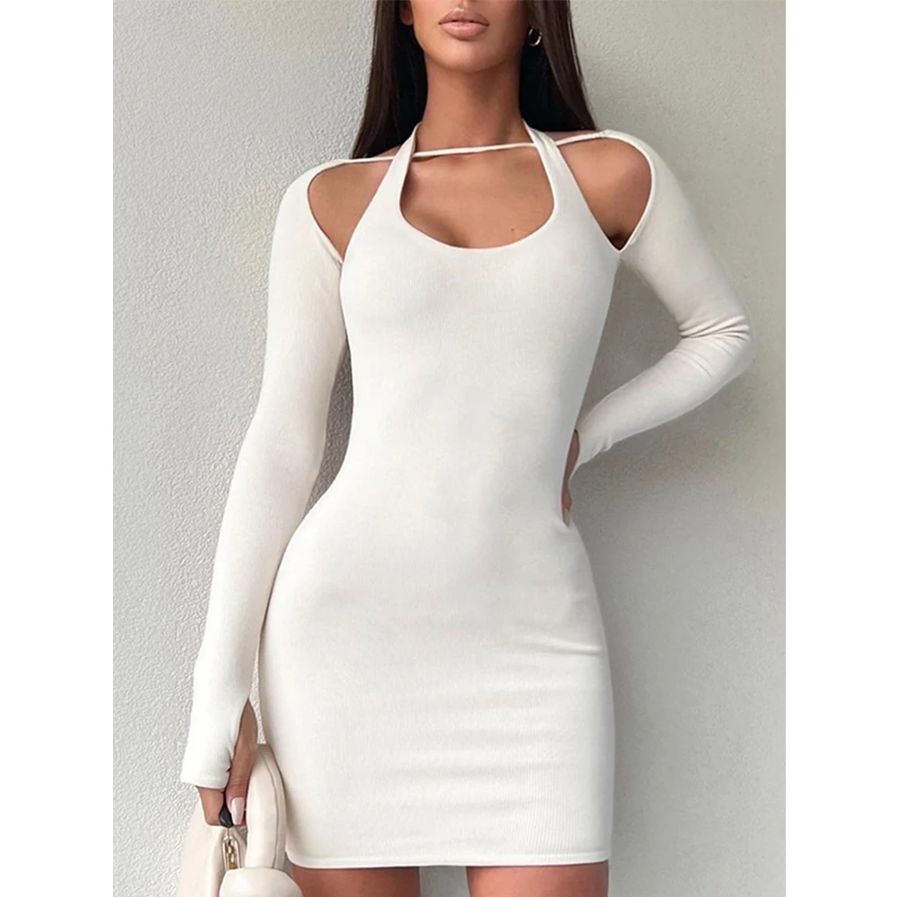 

2022 Spring Halterneck Ruched Dresses Women Sexy Long Sleeve Bodycon Streetwear Solid Elegant Ribbed Mini White Dress Vestidos