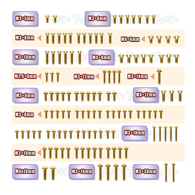

Original T works GSS-RX8E'23 Gold Plated Steel Screw Set 125pcs. ( For Xray RX8E 2023 )ssional Rc part