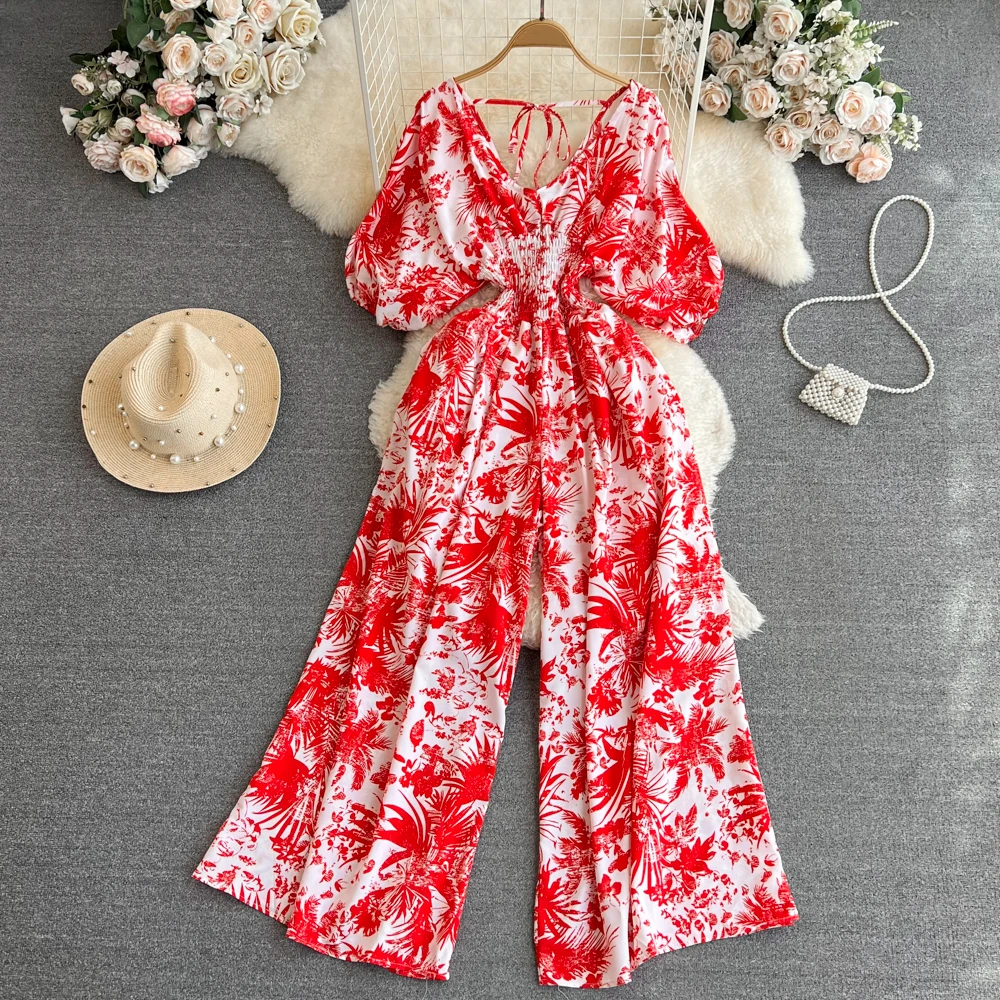Clothland Women Elegant Print Jumpsuit V Neck Short Sleeve Elastic Waist One Piece Retro Summer Playsuits Mujer KA354