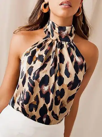 2022 Summer Women Blouse Leopard Print Sexy Elegant Shirts Ladies Halter Sleeveless Tops and Blouses Female Clothing
