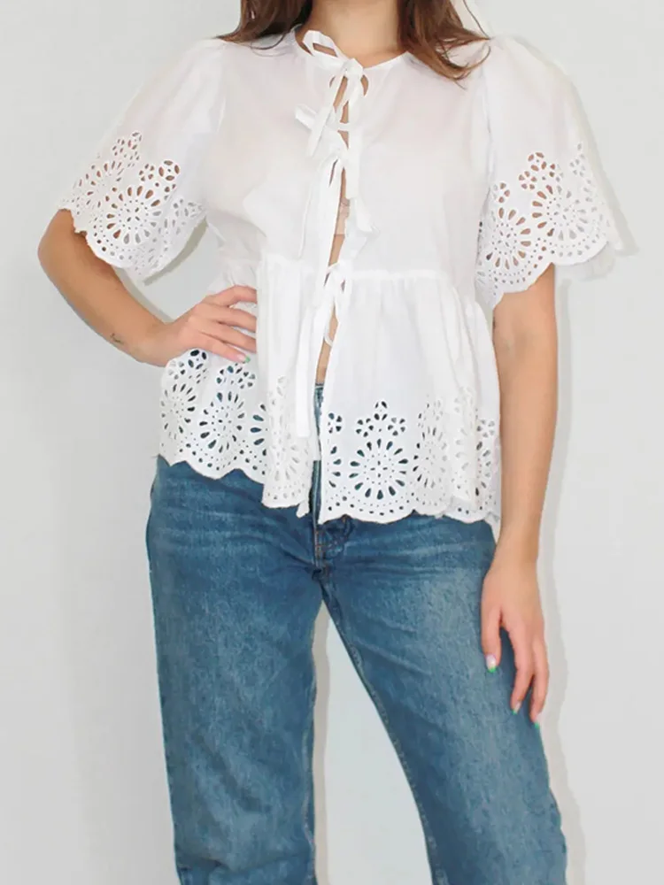 Женская ажурная рубашка элегантная белая Повседневная Блузка с круглым вырезом
