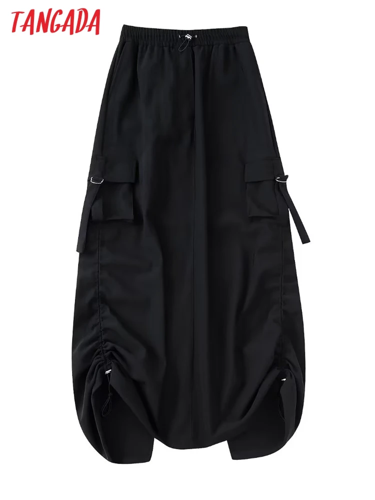 

Tangada Women Pockets Black Loose Long Skirt Vintage High Elastic Waist with Drawstring Female Skirts BE225