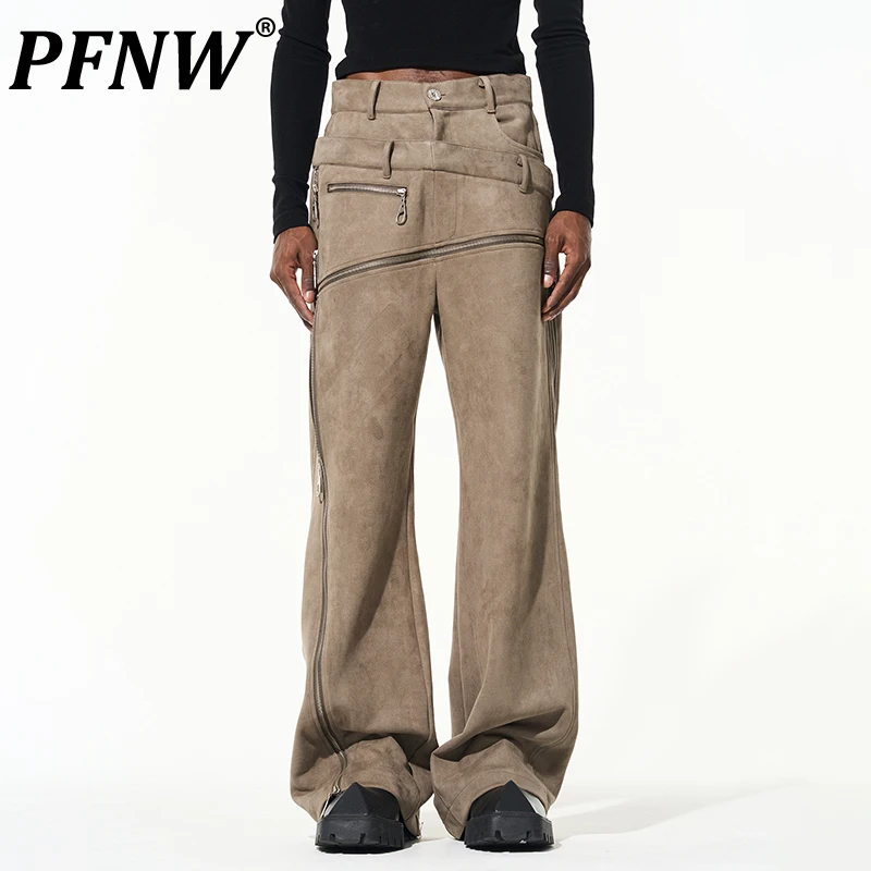 PFNW Spring Autumn Men's Chic Harakuju Sports Pants Suede Cut Staggered Double-waist Multi-zip Casual Darkwear Trousers 12A8337