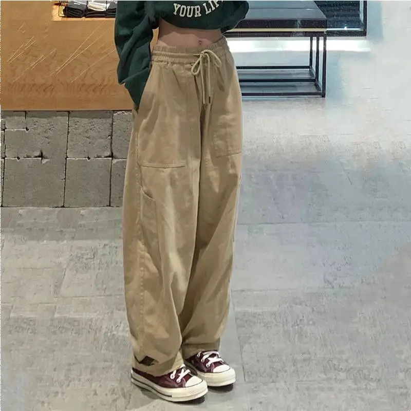 

New Vintage Cargo Pants Casual Pants Drawstring High Waist Trousers Loose Japanese Streetwear Vintage Solid Color Hip-hop
