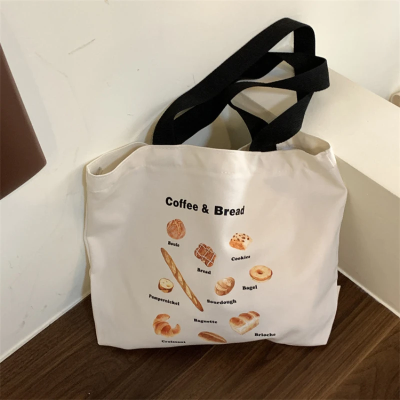 

Canvas Women Tote Bread Print Large Capacity Casual Shoulder Bag Female Handbag Girls Reusable Shopping Bag