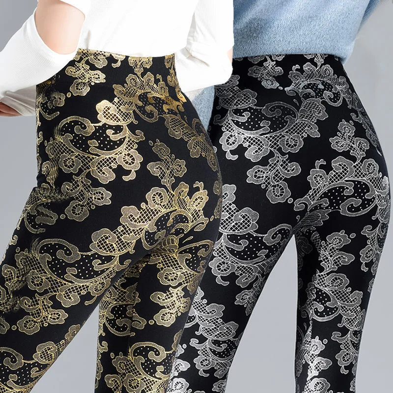 Autumn Winter Sequin Flower Print Black Leggings Women's Glitter Warm Velvet Pants High Waist Elastic Pencil Trousers