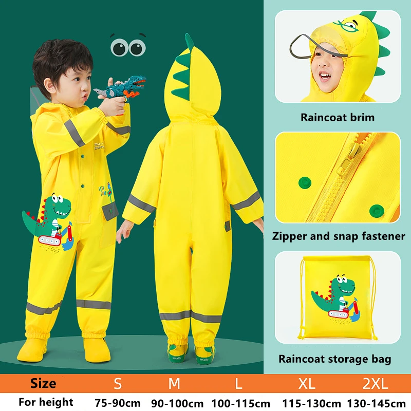 

1-12 Years Old Cartoon Dinosaur Waterproof Jumpsuit Raincoat Hooded Kids One-Piece Rain Coat Tour Children Rain Gear Suit
