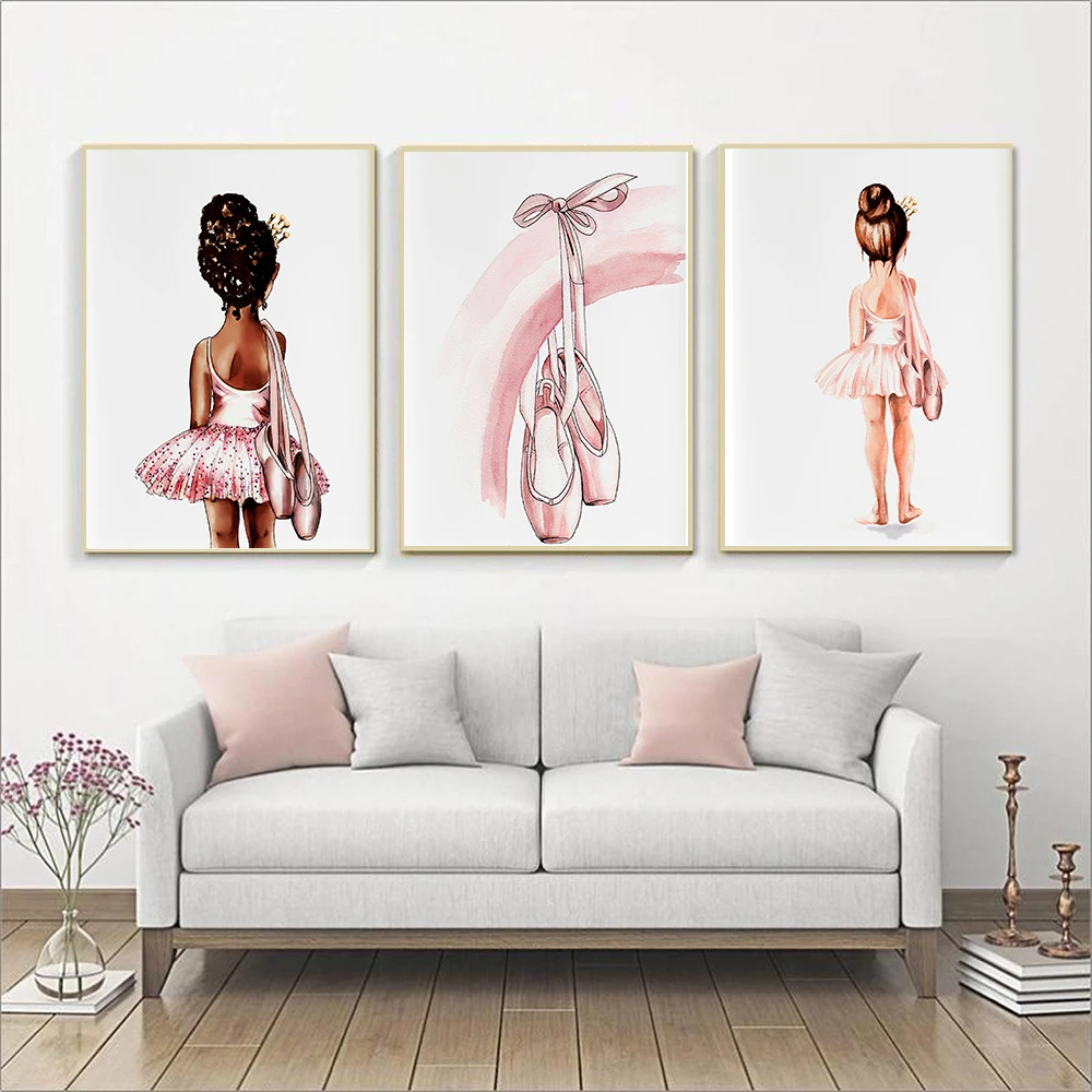 

Ballerina Girl Posters Afro Black Painting Nursery Wall Art Pink Shoes Wall Pictures For Kids Girls Bedroom Nordic Home Decorati
