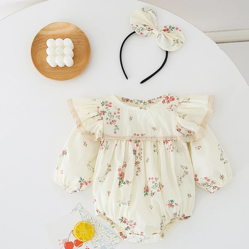 

Spring Autumn Clothing Newborn Baby Girls Bodysuits+Hair Hoop Long Sleeved Cotton Flower Printing Infant Baby Girls Jumpsuit