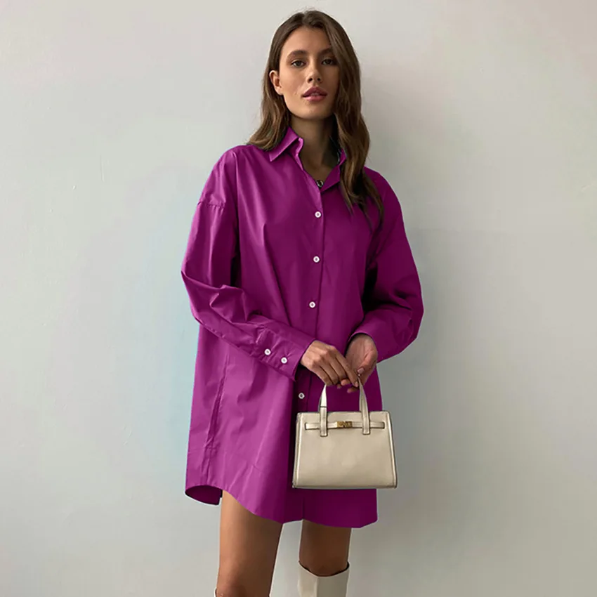 

New Fashion Women Shirts Long Sleeve Solid Lapel Elegant Office Ladies Blouses Purple Casual Loose Streetwear Female Clothes