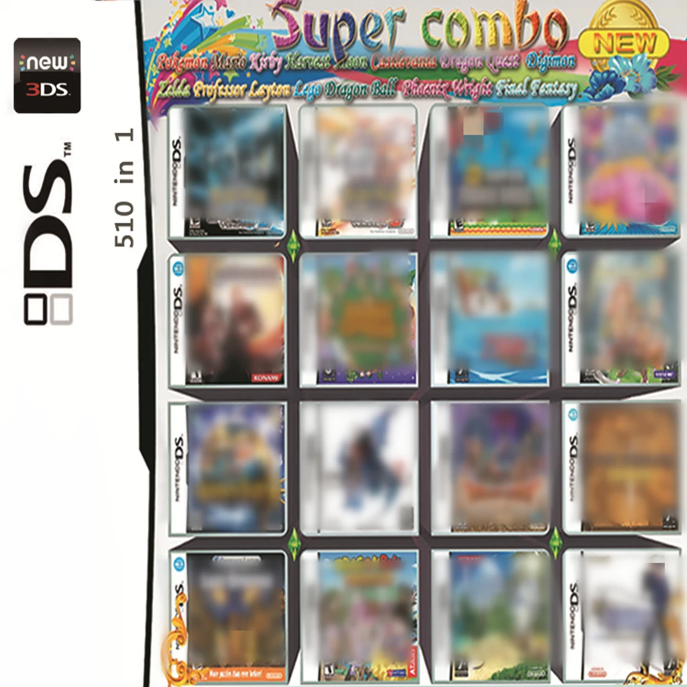 

Картридж игровой супер комбинированный для DS NDS NDSL NDSi 3DS 2DS XL, 510 в 1