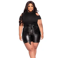 plus size two piece sets fashion solid off the shoulder top shorts two piece set black knit sexy buttocks pu leather shorts set